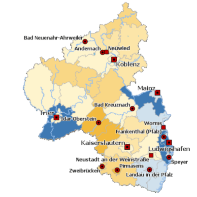 So könnte sich die Bevölkerung in Rheinland-Pfalz bis zum Jahr 2040 entwickeln. Im Mittel schrumpft die Bevölkerung um 2,6 Prozent, besonders stark in den gelb markierten Bereichen. In den blau markierten Bereichen gibt es dagegen geringe Zuwächse. (Screenshot, Quelle: Start. Landesamt)