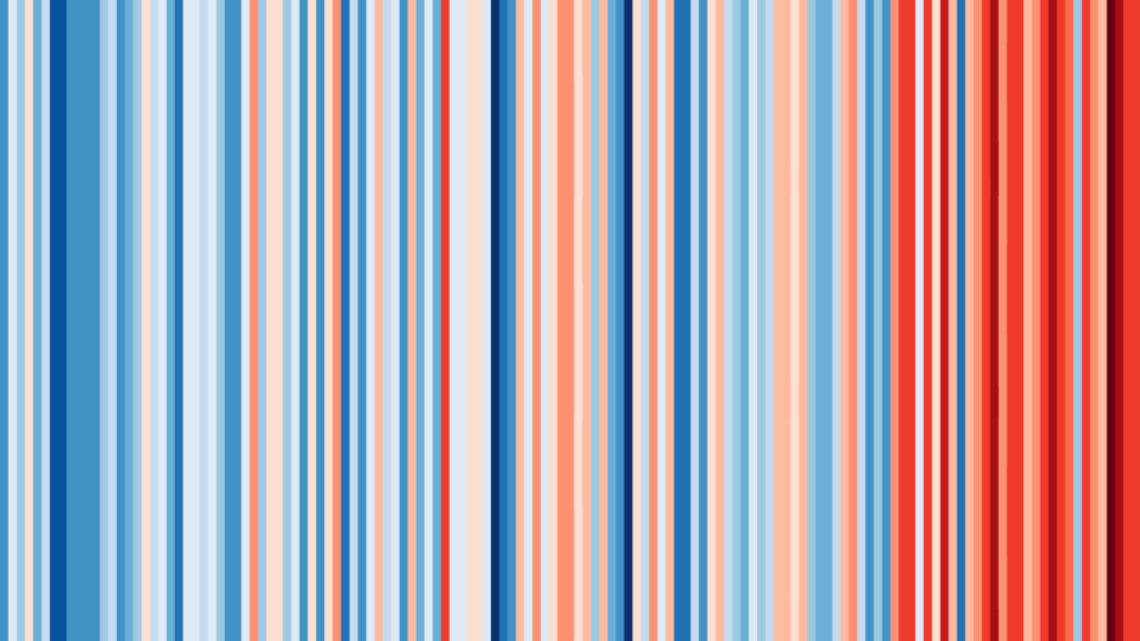 Die Klimastreifen veranschaulichen die durchschnittlichen Jahrestemperaturen in Deutschland von 1881 (dunkelblau, 6,6°C) bis 2017 (dunkelrot, 10,3°C). (Illustration: Ed Hawkins, Climate Lab Book)