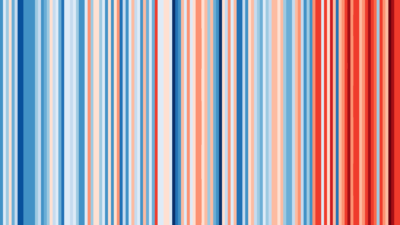 Die Klimastreifen veranschaulichen die durchschnittlichen Jahrestemperaturen in Deutschland von 1881 (dunkelblau, 6,6°C) bis 2017 (dunkelrot, 10,3°C). (Illustration: Ed Hawkins, Climate Lab Book)