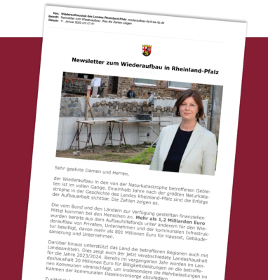 Abonnieren Sie den Newsletter der Wiederaufbauorganisation zum Wiederaufbau in Rheinland-Pfalz